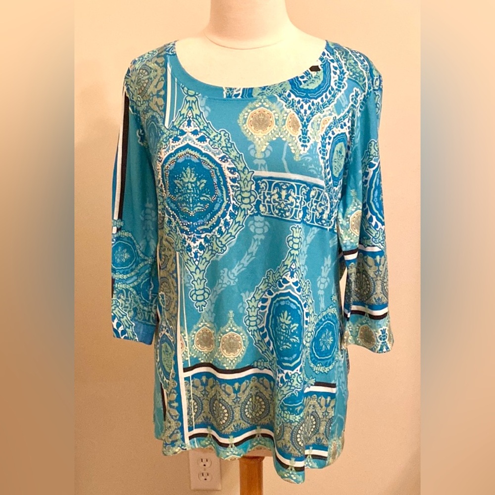 Kiara Blue Turquoise White Studded Embellished XXL Coastal Grandma Boho Chic Top